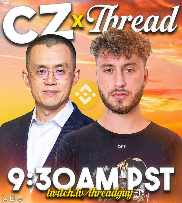 Promotional graphic featuring CZ (Binance) and Threadguy with text "CZ x Thread" and "9:30AM PST" / "twitch.tv/threadguy" displayed against an orange sunset background, with the Binance logo in the center, advertising a scheduled livestream interview to potentially discuss market recovery.