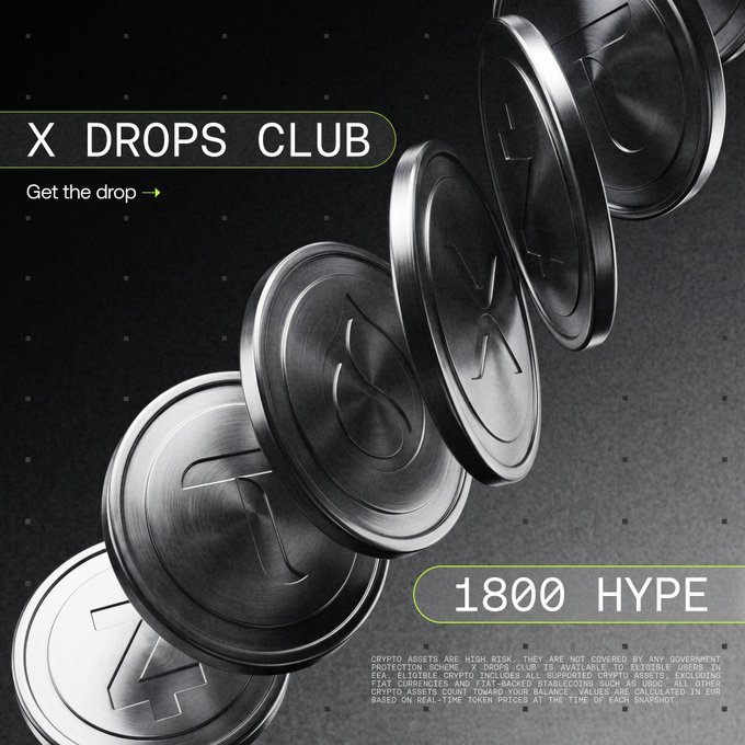 A sleek promotional graphic for the X Drops Club showcases metallic "X HYPE" tokens cascading diagonally against a dark background, highlighting the "1800 HYPE" prize pool to attract EEA traders competing for the $150K reward by trading ARB, ONDO, NEAR, and other eligible tokens.
