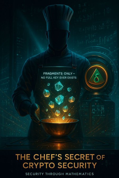 A dark, AI-generated poster titled 'THE CHEF'S SECRET OF CRYPTO SECURITY' with the subtitle 'SECURITY THROUGH MATHEMATICS', showing a silhouetted chef with floating geometric fragments and the text 'FRAGMENTS ONLY – NO FULL KEY EVER EXISTS'.