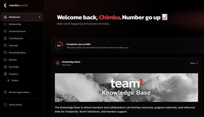 The image shows the dashboard of Team1's newly launched Member Portal, featuring a personalized welcome to "Chimba" with a "Complete your profile" prompt at 34% progress and a Knowledge Base section prominently displayed. The portal's sidebar navigation—highlighting options like Announcements, Contributions, Calendar, Chapters, and Global—reflects the post's description of a centralized hub for members to access updates, resources, and events all in one place.