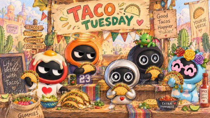 A colorful cartoon illustration celebrating 'Taco Tuesday' with various hooded characters, an axolotl, and cacti, displaying signs for 'Good Vibes,' 'Gummies,' and 'Spice Good Days' alongside bowls of food.