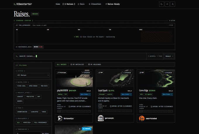 A dark-themed interface for Vibestarter's "Raises" section displays live crypto raise data including "playMAISEN" ($560K), "Loyal Spark" ($540K), and "Cave Edge" ($522K), with filters for status, type, and tags. The image aligns with the post by showcasing how Vibestarter empowers communities to fund solo AI/vibecoding founders through transparent, on-chain raises rather than hype-driven models.