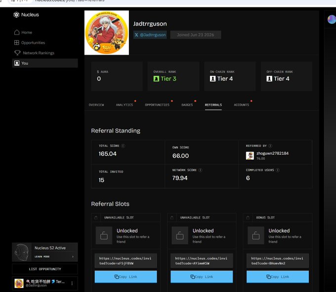 A user profile on the Nucleus platform shows username "Jadtrgruson," who joined Jun 23 2026, with an Overall Rank of Tier 3, Aura of 0, and Referral Standing including a Total Score of 165.04, Network Score of 79.94, and 15 Total Invited, illustrating the newly revamped dashboard interface being discussed.