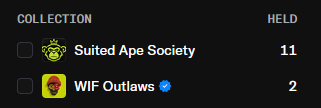 A screenshot from the Pudgy Penguins NFT marketplace shows two collections being tracked: "Suited Ape Society" (11 held) and "WIF Outlaws" (2 held). The list highlights collections to watch, with Suited Ape Society tied to poker and BTC mining and WIF Outlaws being teased for upcoming developments.