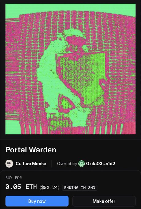 An NFT listing for 'Portal Warden' by Culture Monke, showing pink and green glitch art priced at 0.05 ETH ($92.24) on what appears to be OpenSea.