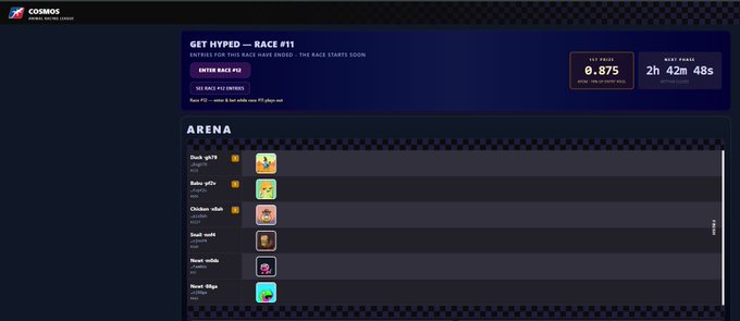 The image displays a website for the Cosmos Animal Racing League's 11th race, featuring a scoreboard, a list of runners, and a sidebet table. The site includes an interactive dashboard that offers various options, such as participating in races or placing bets on different outcomes. 

In this particular post, there is an advertisement for SideBet365, where the cosmos animal racing league has opened up their $ATOM platform for side betting. The post encourages users to reveal their current race time and place it in the available options. It also states that runners are expected to arrive at the race at 2.5 hours before its start.

One interesting aspect of this post is the inclusion of a graphic depicting an animal racing scene, with a runner positioned near a car.
