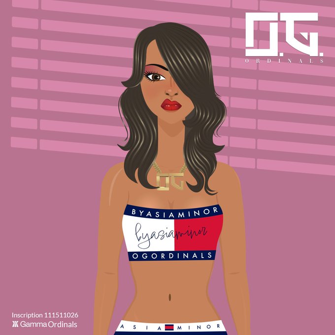 An animated/illustrated image of a brunette woman wearing a red and white top labeled 'BYASIAMINOR OGORDINALS' with inscription number 111511026, set against a pink brick background with the OG Ordinals logo.