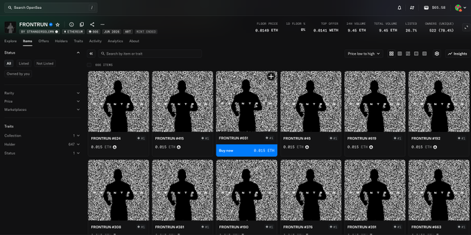 Screenshot of the OpenSea NFT marketplace showing the 'FRONTRUN' collection by ethereumlink with multiple identical black silhouette NFTs listed at 0.015 ETH each, with a floor price of 0.0149 ETH.