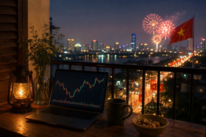 A balcony scene at night overlooking a city skyline with fireworks and a Vietnamese flag, featuring a laptop displaying a stock chart, a coffee mug, and a bowl of snacks on a wooden table.