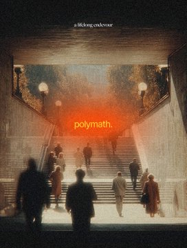 A book cover for 'polymath' showing silhouetted figures on a staircase with a glowing red sign reading 'polymath.' and a 'thinking endeavour' logo at the top.