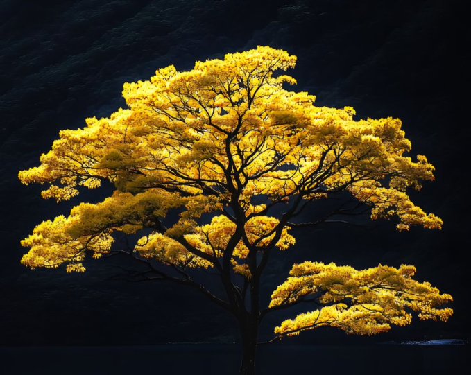 A stunning photograph of a single tree with vibrant yellow-gold illuminated leaves standing out dramatically against a deep dark night sky.