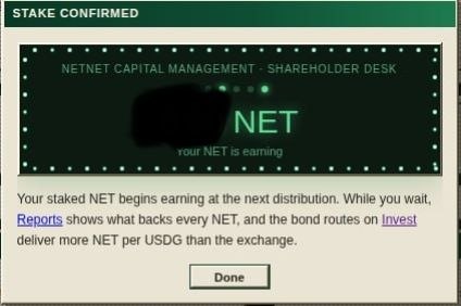 A "STAKE CONFIRMED" dialog box from "NETNET CAPITAL MANAGEMENT - SHAREHOLDER DESK" states "Your staked NET begins earning at the next distribution," explaining that "your NET is earning" with links to Reports and Invest, and a "Done" button.