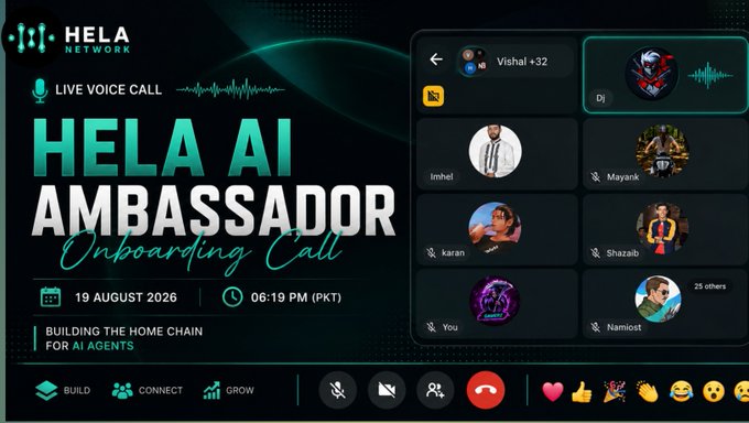 A Hela Network promotional graphic for a 'HELA AI AMBASSADOR Onboarding Call' scheduled for 19 August 2026 at 06:19 PM (PKT), featuring a live voice call interface with participants including Vishal, Dj, Imhel, Mayank, karan, Shazaib, and Namisot.