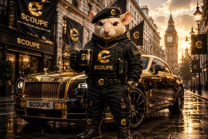 An anthropomorphic mouse wearing a black tactical vest and beret labeled "GM" and "$COUPE" stands beside a gold-and-black luxury car branded with "$COUPE" plates, set against a London street featuring Big Ben and $COUPE banners. The imagery reinforces the post's "GM, COUPE Army" theme, using the luxury vehicle and city backdrop to symbolize a community building something valuable together in Web3.