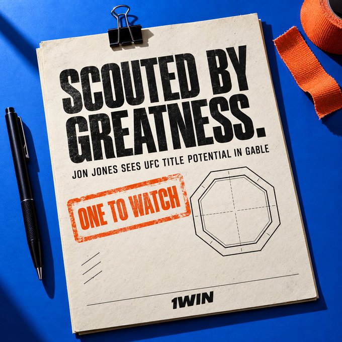 A sports betting promotional graphic with bold text 'SCOUTED BY GREATNESS,' 'JON JONES SEES UFC TITLE POTENTIAL IN GABLE,' and a red 'ONE TO WATCH' stamp, branded with '1WIN' at the bottom.