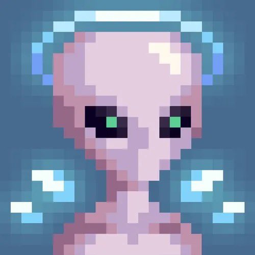 A pixel art style image of a pink/lavender alien-like creature with large green eyes against a blue background with small cloud shapes.
