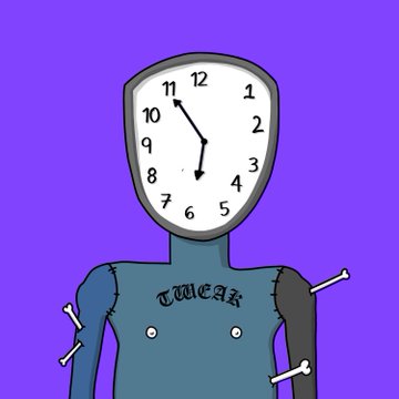 A cartoon illustration of a blue Frankenstein-like figure with a clock for a head against a purple background.