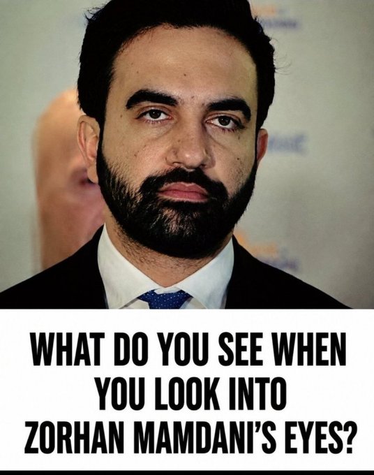 A close-up portrait of a bearded man in a dark suit and blue tie, with text below reading 'WHAT DO YOU SEE WHEN YOU LOOK INTO ZORHAN MAMANI'S EYES?'