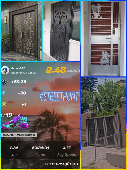 A collage of decorative metal gates and doors with an overlay showing Pokemon GO gameplay stats for user 'Arcan007' under the hashtag #STREETHUNT.