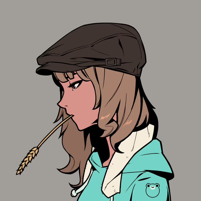 A side-profile anime illustration shows a girl with long brown hair wearing a black newsboy cap and a teal hoodie with a small frog logo, chewing on a stalk of wheat.