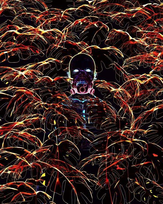 A dark, stylized digital illustration of a glowing-eyed humanoid figure wearing a respirator mask, standing amid swirling red and black flame-like tendrils that fill the entire frame.