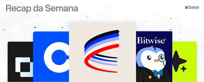 A graphic titled 'Recap da Semana' (Weekly Recap) featuring a row of logos including Coinbase, a red and blue swirl, Bitwise, and a penguin character on a base.