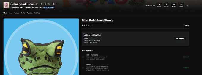 A screenshot of the Robinhood Frens NFT collection page on what appears to be Rarible, showing the "Mint Robinhood Frens" interface with 2,000 available mints, GTD+PARTNERS tier pricing, and a green frog character illustration against a blue circular background. The image supports the post's claim of a free mint opportunity for the handmade 2,000-piece collection created by an artist with schizophrenia.