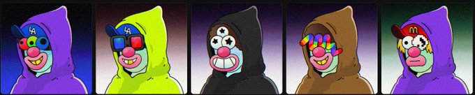 A horizontal lineup of five cartoon clown characters wearing hooded outfits in purple, yellow-green, black, brown, and dark purple, each with distinct colorful facial features and hats.