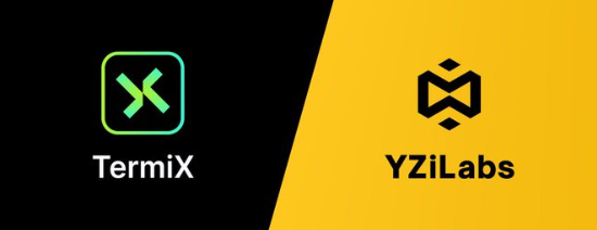 A split banner showing the TermiX logo (green icon on black background) and YZiLabs logo (black icon on yellow background).