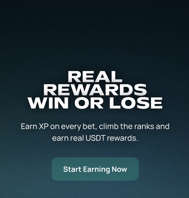 A dark promotional graphic with bold white text reading "REAL REWARDS WIN OR LOSE" and a subheading that says "Earn XP on every bet, climb the ranks and earn real USDT rewards," featuring a teal "Start Earning Now" call-to-action button—illustrating the XP and USDT reward system that MintABear ties into through its partnership with PlayOnMint.