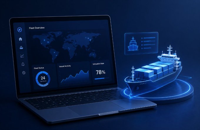 A laptop displays a "Fleet Overview" dashboard with a world map, 24 active vessels, vessel activity charts, and a 78% utilization rate, paired with a glowing holographic cargo ship visualization. The image illustrates the shipping performance monitoring concept referenced in the post, showing how fleet metrics are tracked and analyzed before blockchain or tokenization considerations come into play.