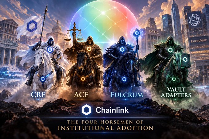 A digital artwork showing four armored horsemen labeled 'CRE', 'ACE', 'Fulcrum', and 'Vault Adapters' with the Chainlink logo, captioned 'THE FOUR HORSEMEN OF INSTITUTIONAL ADOPTION' against a backdrop of financial institutions.