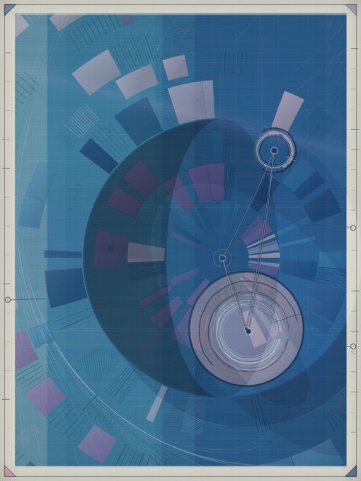 A blueprint-style technical drawing on blue grid paper showing geometric circles, arcs, and mechanical components in shades of blue and purple.