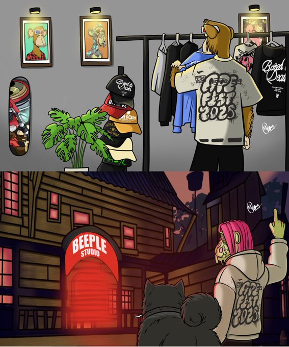 An illustration features a character browsing clothing and a monkey wearing streetwear, with a second panel showing a figure in a 'Beeple Studio' shirt.