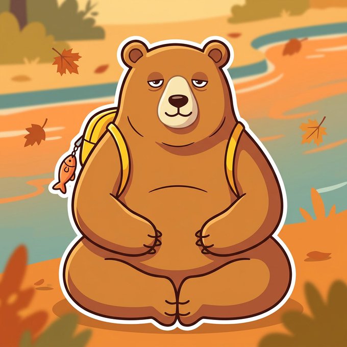 A cartoon illustration depicts a chubby brown bear sitting cross-legged in a meditative pose, wearing a small yellow backpack with a fish charm, set against an autumn landscape.