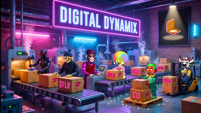 A vibrant digital illustration depicts various characters working on a factory assembly line under a neon 'DIGITAL DYNAMIX' sign, packing boxes labeled 'SFLR'.