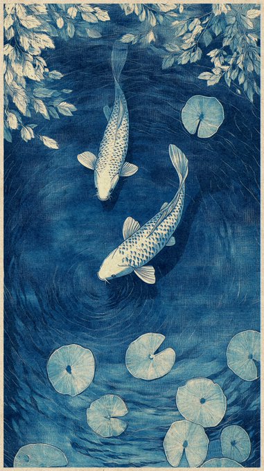 A blue-toned illustration (cyanotype-style) depicting two koi fish swimming in a pond surrounded by lily pads and overhanging leaves.