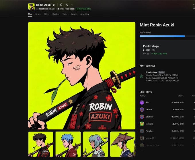 A digital NFT marketplace interface displays 'Robin Azuki' with anime-style character artwork on a yellow background, showing minting information, schedule, and live mints with ETH prices.