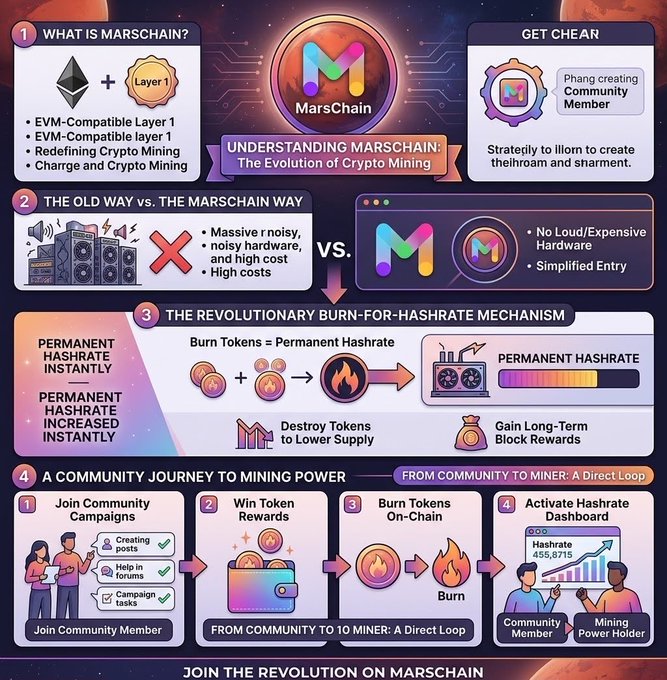 A detailed infographic titled 'UNDERSTANDING MARSCHAIN: The Evolution of Crypto Mining' explaining the MarsChain platform, its burn-for-hashrate mechanism, and a community-to-miner journey with sections covering what MarsChain is, comparison with old mining methods, and how to join.