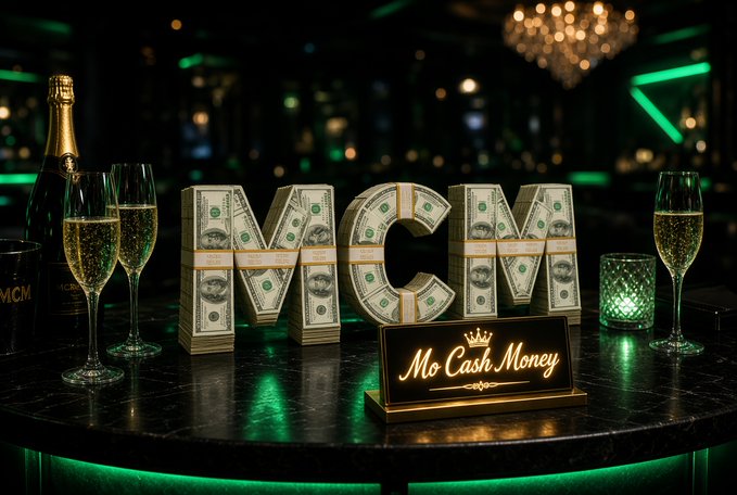A luxurious display features the letters "MCM" made of stacks of dollar bills, accompanied by champagne glasses and a glowing sign reading "Mo Cash Money".