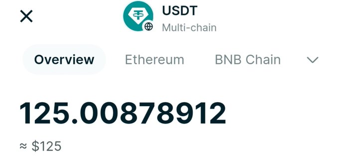 A cryptocurrency interface displays the price of USDT (Multi-chain) at 125.00878912, approximately $125, with tabs for Overview, Ethereum, and BNB Chain.