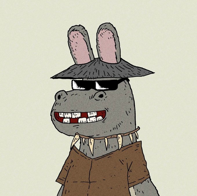 A cartoon illustration of a gray anthropomorphic animal with bunny-like ears, wearing a wide-brimmed straw hat, dark sunglasses, a brown shirt, and a spiked collar.