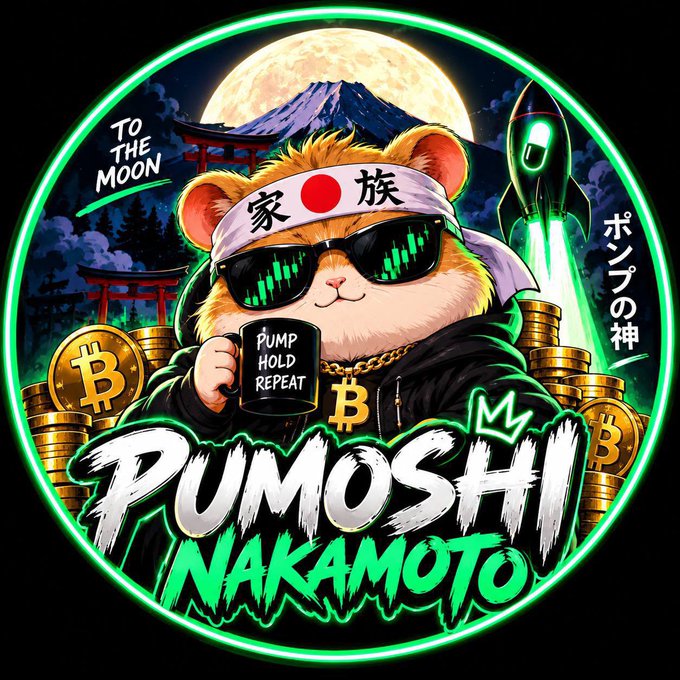 A cartoon hamster wearing a Japanese hachimaki headband, sunglasses with candlestick chart reflections, and a "Pump Hold Repeat" mug, surrounded by Bitcoin coins, a rocket ship, Mount Fuji, torii gates, and a full moon, with the text "PUMOSHI NAKAMOTO," "TO THE MOON," and "ポンプの神" (God of the Pump) — the image playfully illustrates the post's crypto hype by personifying "Pumo" as a confident, moon-bound trader promoting the $PUMO token giveaway.
