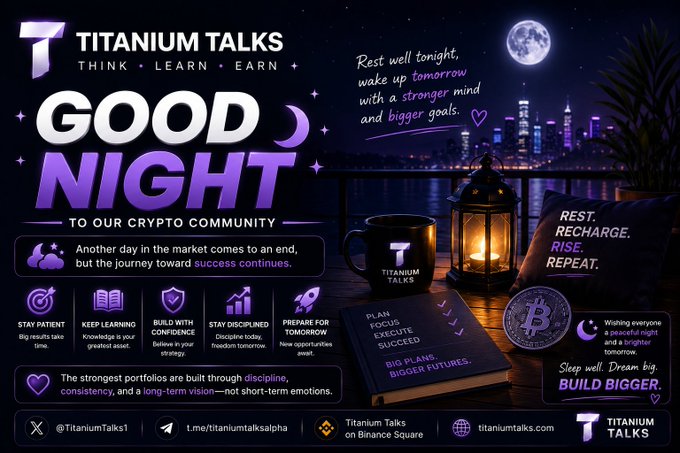 A promotional graphic from Titanium Talks (@TitaniumTalks1) bids "Good Night" to their crypto community against a nighttime cityscape with moon, featuring a coffee mug, lantern, pillow, and Bitcoin coin, along with motivational advice like "Stay Patient," "Keep Learning," "Build with Confidence," and the message "The strongest portfolios are built through discipline, not short-term emotions."