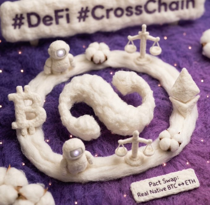 A felted craft display featuring a Bitcoin symbol, Ethereum logo, astronaut figures, scales of justice, and cotton bolls arranged on a purple background, with text reading '#DeFi #CrossChain' and a label stating 'Pact Swap: Real Native BTC ⇔ ETH'.