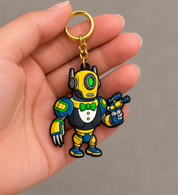 A hand holds up a yellow and blue robot keychain that has a green bow tie and is holding small blue guns.