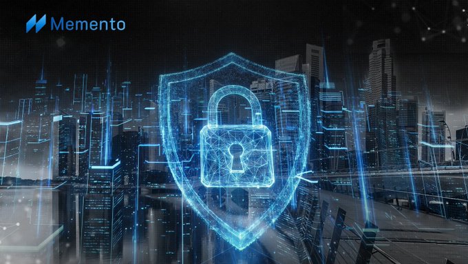 A promotional banner for 'Memento' featuring a glowing blue digital padlock and shield icon over a futuristic city skyline, symbolizing blockchain security or compliance.