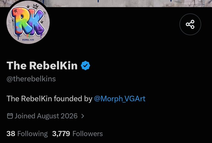 A Twitter/X profile page for 'The RebelKin (@therebelkins)' founded by @Morph_VGArt, joined August 2026, with 3,779 followers and a rainbow graffiti-style logo.
