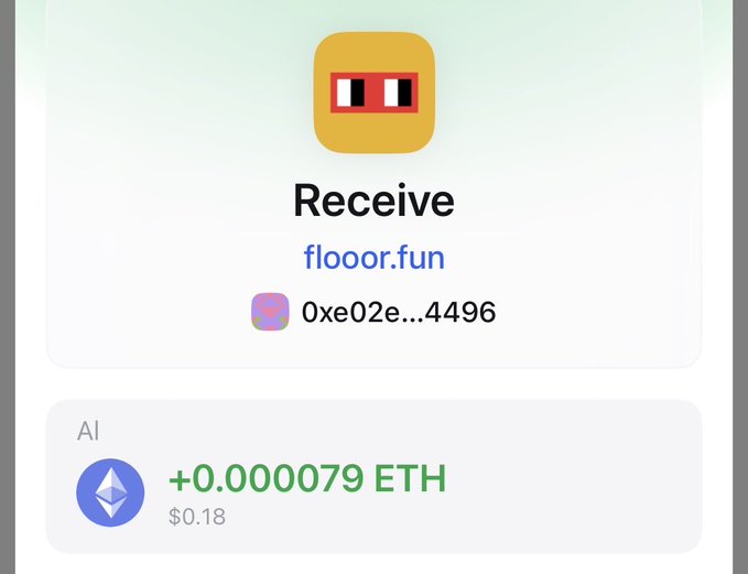 A digital receipt or transaction screen showing a 'Receive' from flooor.fun to address 0xe02e...4496, with a transaction of +0.000079 ETH ($0.18).