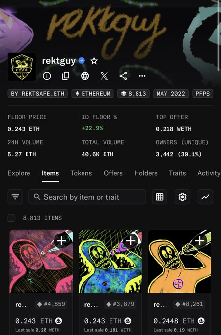 A screenshot of an NFT collection profile for 'rektguy' by REKTSAFE.ETH on Ethereum, showing a floor price of 0.243 ETH, 8,813 items, and various pixel art character items for sale.